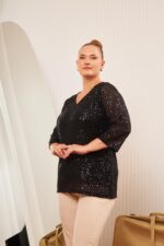 BezeXL Büyük Beden Astarlı Pul Payet Bluz Siyah - Görsel 2