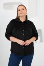 BezeXL Kadife Büyük Beden Kol Çıtçıtlı Gömlek Siyah