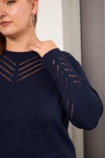 BezeXL Kol Ve Yaka Ajur Desenli Büyük Beden Triko Lacivert - Görsel 4