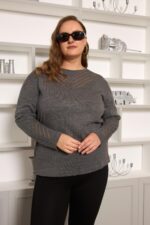 BezeXL Kol Ve Yaka Ajur Desenli Büyük Beden Triko Antrasit