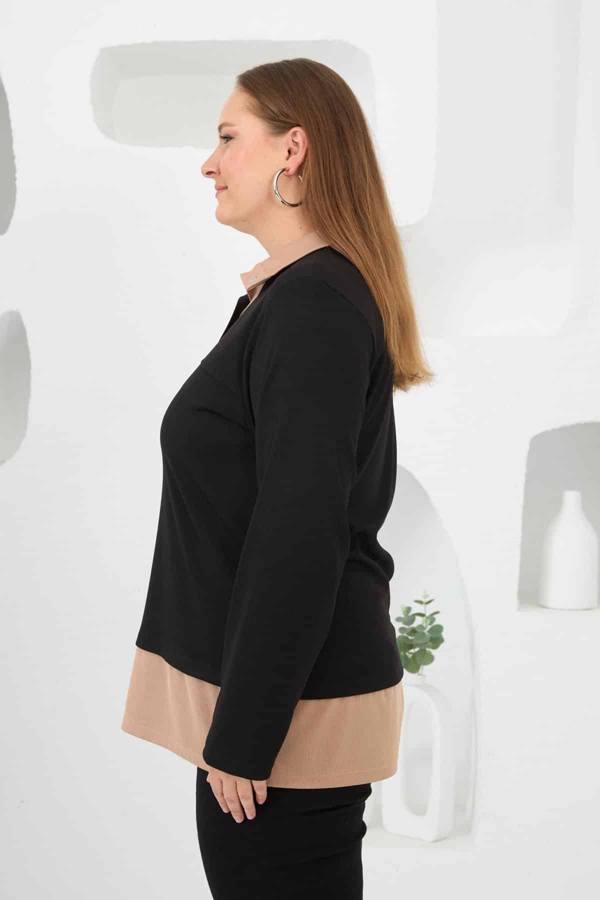 sweat-44-50-1f4642 BezeXL Yaka Detaylı Büyük Beden Sweat Siyah - Görsel 5