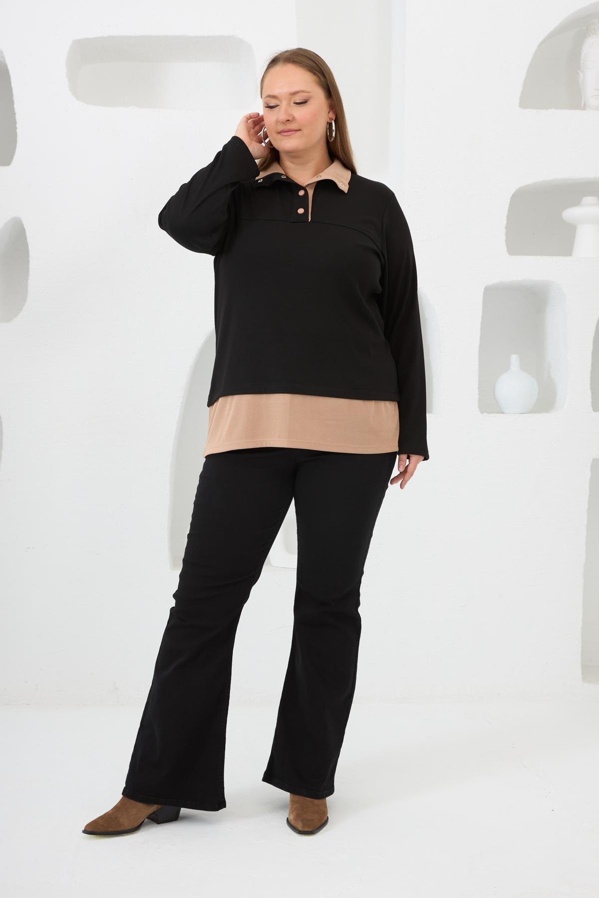 sweat-44-50-ada8a0 BezeXL Yaka Detaylı Büyük Beden Sweat Siyah - Görsel 2