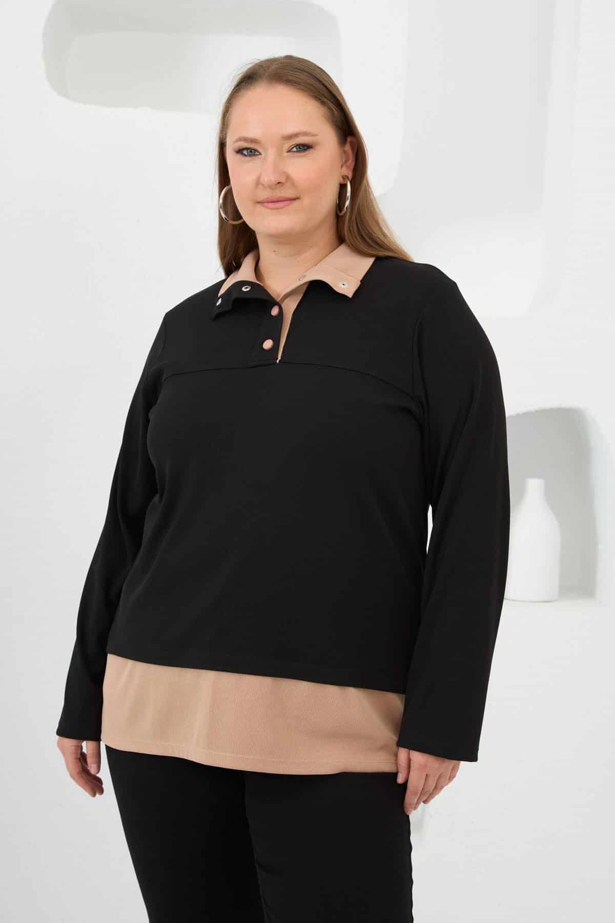 sweat-44-50-ed5-45 BezeXL Yaka Detaylı Büyük Beden Sweat Siyah - Görsel 3